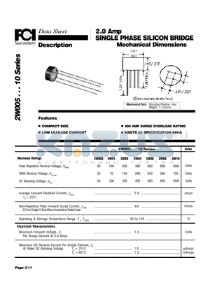 2W06 datasheet - 2.0 Amp SINGLE PHASE SILICON BRIDGE LOW LEAKAGE CURRENT