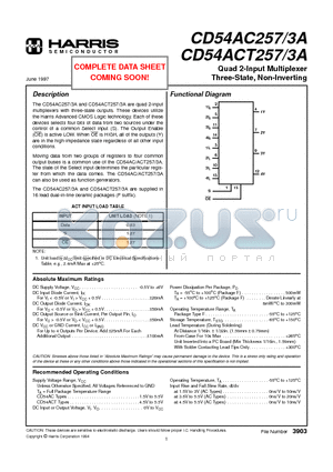 CD54AC257 datasheet - Quad 2-Input Multiplexer Three-State, Non-Inverting