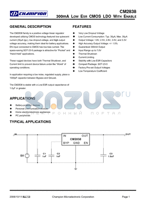 CM2838GDIM25 datasheet - 300mA LOW ESR CMOS LDO WITH ENABLE