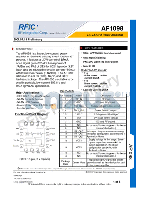AP1098 datasheet - 2.4~2.5 GHz Power Amplifier