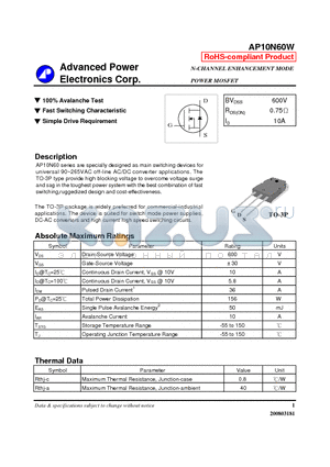 AP10N60W datasheet - N-CHANNEL ENHANCEMENT MODE POWER MOSFET