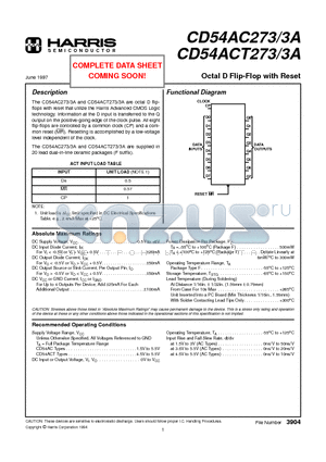 CD54AC273A datasheet - Octal D Flip-Flop with Reset