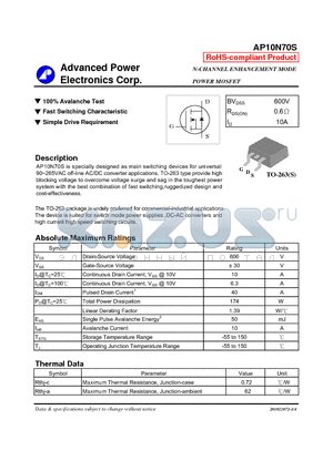 AP10N70S datasheet - N-CHANNEL ENHANCEMENT MODE POWER MOSFET