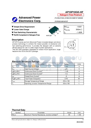 AP10P10GK-HF datasheet - N-CHANNEL ENHANCEMENT MODE POWER MOSFET