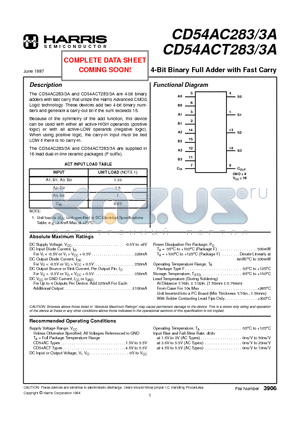 CD54AC2833A datasheet - 4-Bit Binary Full Adder with Fast Carry