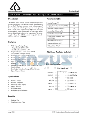 AZ339 datasheet - LOW POWER LOW OFFSET VOLTAGE QUAD COMPARATORS