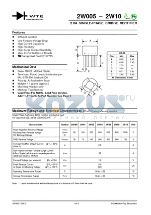 2W10 datasheet - 2.0A SINGLE-PHASE BRIDGE RECTIFIER