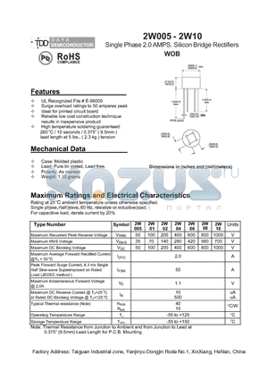 2W10 datasheet - Single Phase 2.0 AMPS. Silicon Bridge Rectifiers