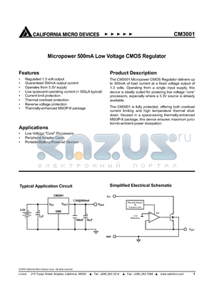 CM3001-13MA datasheet - Micropower 500mA Low Voltage CMOS Regulator