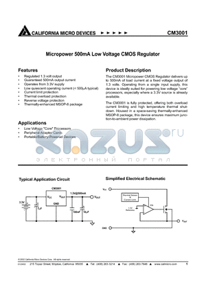 CM3001 datasheet - Micropower 500mA Low Voltage CMOS Regulator