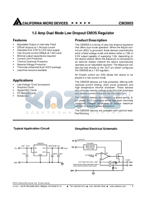 CM3003 datasheet - 1.5 Amp Dual Mode Low Dropout CMOS Regulator