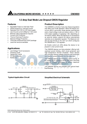 CM3003-18SA datasheet - 1.5 Amp Dual Mode Low Dropout CMOS Regulator