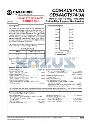 CD54AC574 datasheet - Octal D-Type Flip-Flop, Three-State Positive-Edge Triggered, Non-Inverting