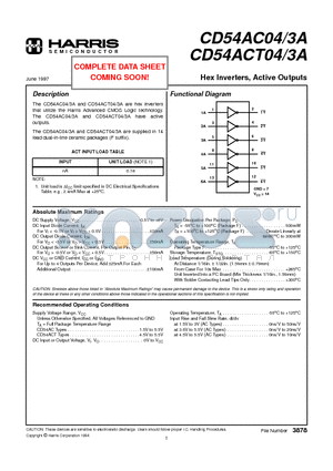 CD54ACT04 datasheet - Hex Inverters, Active Outputs