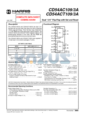 CD54ACT109 datasheet - Dual J-K Flip-Flop with Set and Reset