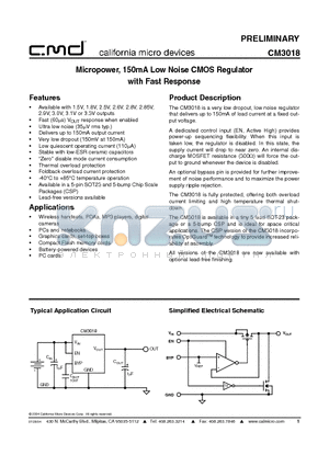 CM3018-15SO datasheet - Micropower, 150mA Low Noise CMOS Regulator with Fast Response