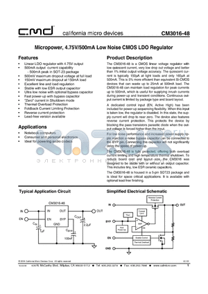 CM3016-48SO datasheet - Micropower, 4.75V/500mA Low Noise CMOS LDO Regulator