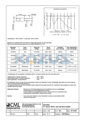 15015250 datasheet - StarLEDs T1(3mm) BI-Pin with half wave rectifier