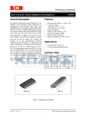 AZ4052 datasheet - Dual 4-channel Analog Multiplexer/Demultiplexer