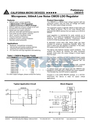 CM3019-12 datasheet - Micropower, 500mA Low Noise CMOS LDO Regulator