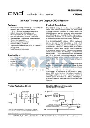 CM3065 datasheet - 2.0 Amp Tri-Mode Low Dropout CMOS Regulator