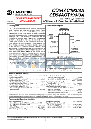 CD54ACT1933A datasheet - Presettable Synchronous 4-Bit Binary Up/Down Counter with Reset