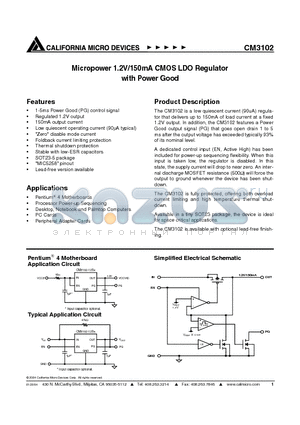 CM3102 datasheet - Micropower 1.2V/150mA CMOS LDO Regulator with Power Good