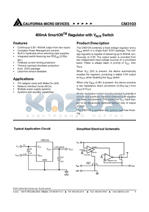 CM3103SF datasheet - 400mA SMARTOR REGULATOR Vaux SWITCH