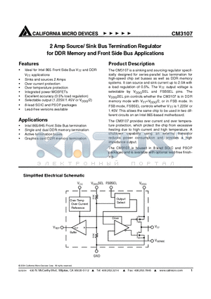 CM3107 datasheet - 2 Amp Source/ Sink Bus Termination Regulator for DDR Memory and Front Side Bus Applications