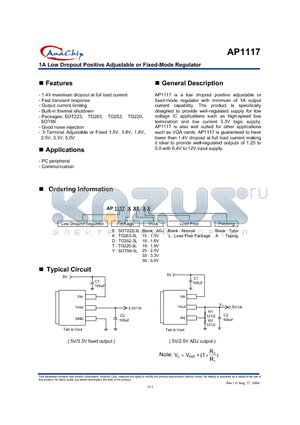 AP1117T-33A datasheet - 1A Low Dropout Positive Adjustable or Fixed-Mode Regulator