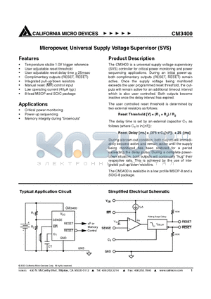 CM3400 datasheet - Micropower, Universal Supply Voltage Supervisor (SVS)