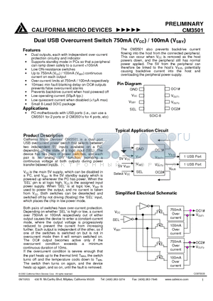 CM3501-02SN datasheet - Dual USB Overcurrent Switch 750mA (VCC) / 100mA (VSBY)