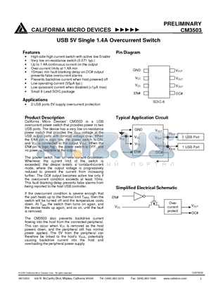 CM3503 datasheet - USB 5V Single 1.4A Overcurrent Switch