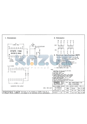 3XF0013-W42 datasheet - SMD TRANSFORMER FOR ISDN S-INTERFACE