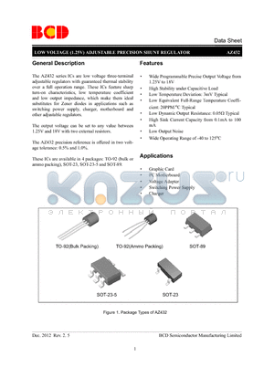 AZ432BNTR-E1 datasheet - LOW VOLTAGE (1.25V) ADJUSTABLE PRECISION SHUNT REGULATOR