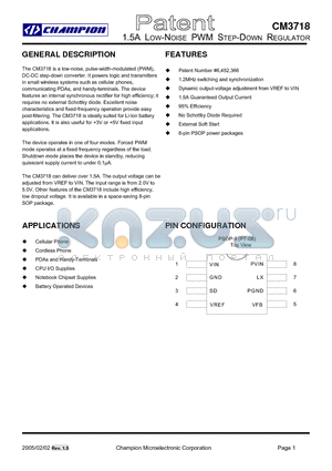 CM3718 datasheet - 1.5A LOW NOISE  PWM STEP DOWN REGULATOR