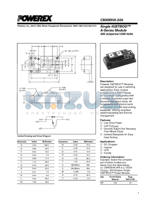 CM400HA-24A datasheet - Single IGBTMOD A-Series Module 400 Amperes/1200 Volts