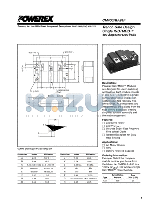 CM400HU-24F datasheet - Trench Gate Design Single IGBTMOD 400 Amperes/1200 Volts