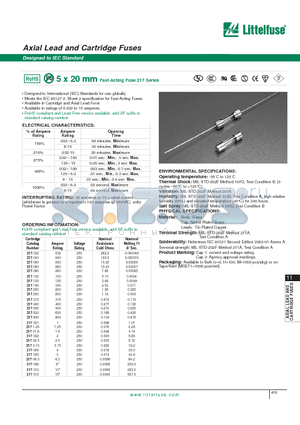 217.400 datasheet - Axial Lead and Cartridge Fuses - Designed to IEC Standard