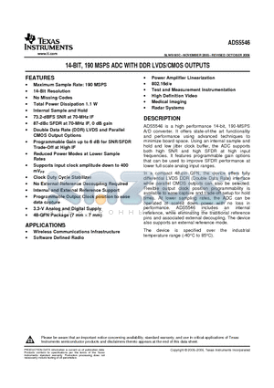 AZ5546 datasheet - 14-BIT, 190 MSPS ADC WITH DDR LVDS/CMOS OUTPUTS