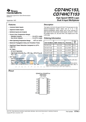 CD54HC153W datasheet - High Speed CMOS Logic Dual 4-Input Multiplexer