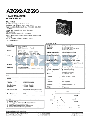 AZ693 datasheet - 10 AMP MINIATURE POWER RELAY