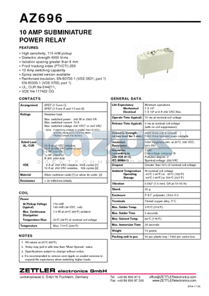 AZ696-1A-12D datasheet - 10 AMP SUBMINIATURE POWER RELAY