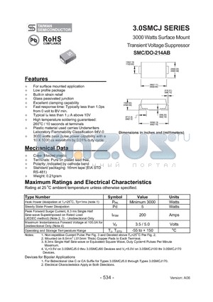 3.0SMCJ10A datasheet - 3000 Watts Surface Mount Transient Voltage Suppressor