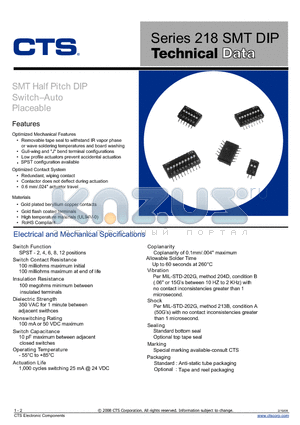 218-12LPSR datasheet - SMT Half Pitch DIP Switch-Auto Placeable