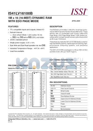 41LV16100B-50KLI datasheet - 1M x 16 (16-MBIT) DYNAMIC RAM WITH EDO PAGE MODE