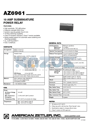 AZ6961-1C-60D datasheet - 10 AMP SUBMINIATURE POWER RELAY