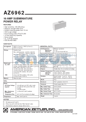 AZ6962-1AE-15DE datasheet - 10 AMP SUBMINIATURE POWER RELAY