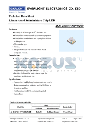 42-21A-GHC-YX1Y2N-1T datasheet - 1.8mm round Subminiature Chip LED