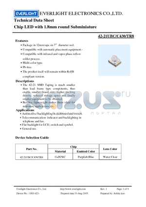 42-21UBC/C430/TR8 datasheet - Chip LED with 1.8mm round Subminiature